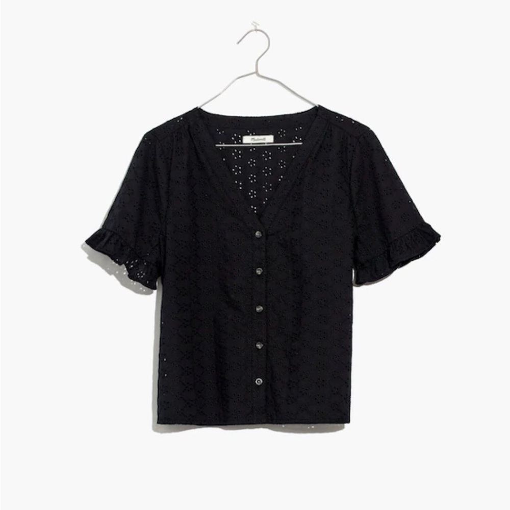 Madewell eyelet village ruffle sleeve shirt in black